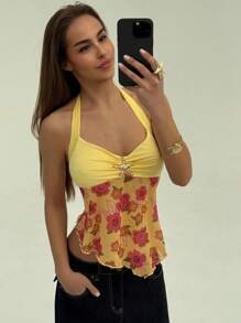 Aloruh 女式露背贝壳花雪纺拼布短款上衣 夏季海滩女士 海滩度假 度假女士 波西米亚风 热带度假女士服装 花卉海星金属装饰 音乐会女士 狂欢节 乡村音乐会 伊比沙岛 纳什维尔 西部服饰 女士西部波西米亚风 街头服饰 热带辣妹 可爱夏季上衣 褶边花卉 - 黃色 - 查看 6