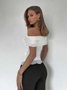 Roylia 蕾丝露肩蕾丝衬衫，蕾丝下摆，优雅休闲 - 白色 - 查看 2