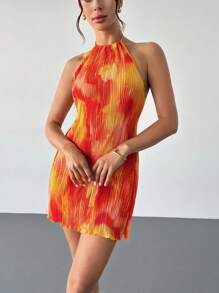 Firerie 新款褶皱印花细肩带露背女士优雅橙色连衣裙，适合外出、度假、海滩、花园派对、外出就餐 - 橘色 - 查看 5
