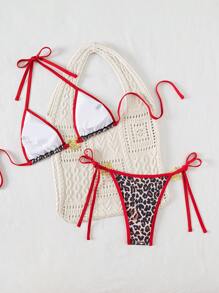 SHEIN 2 Pieces Set Women's Summer Holiday Beach Random Animal Print Leopard Metallic Drawstring Halter Backless Top And Side Tie-Up Shorts Bikini Set