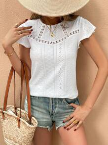 SHEIN Frenchy 女士纯色圆领短袖休闲 T 恤 - 白色 - 查看 6