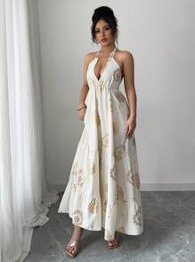 Chiquease Vestido largo de tirantes finos con escote espalda descubierta, elegante, con estampado dorado y cuello halter para vacaciones