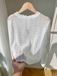 Comfortcana Trang phục bãi biển cho phụ nữ  Summer Bow Tie Women Casual Solid Color Hollow Out Crochet Lace Up Sweater - trắng - Xem 4