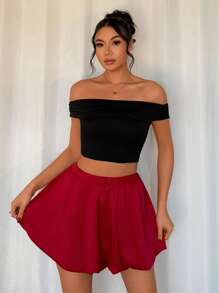 Chiquease Minifalda casual de unicolor brillante con dobladillo con volantes - Burdeos - Ver 3
