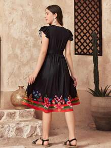 SHEIN Teen Girl Elegant Minimalist Round Neck Ruffle Sleeve Retro Pattern Midi Dress - Black - View 2