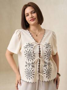 SHEIN Clasi Women Plus Size Apricot Embroidery Bow Front Open Blouse, Elegant Daily Comfortable Short Sleeve Top, Spring/Summer Plus Size Women Casual Tops Business Casual Woman Tops Office Tops For Women Vacation Tops Boho Tops For Summer Going Out Top V Neck Top Women Tops Summer