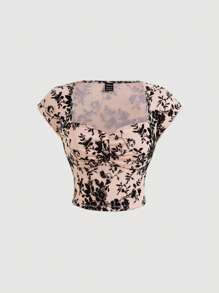 SHEIN MOD Women's Floral Print Ruffle Collar Cap Sleeve T-Shirt - Pink - View 1