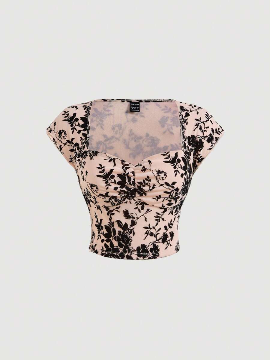 SHEIN MOD Women's Floral Print Ruffle Collar Cap Sleeve T-Shirt - Pink - View 1