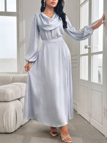 Modelyn 2 件套女士套装：优雅缎面垂坠领衬衫和迷人的高腰半身裙，高端法式风格，百搭 - 淺藍色 - 查看 4