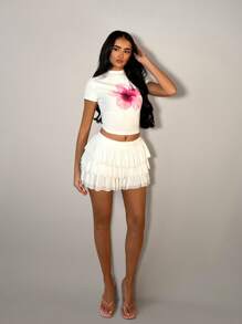 SHEIN BAE Sweet Resort Island Holiday Buổi trà chiều tụ họp của phụ nữ Váy ngắn nhiều lớp màu trắng trơn nhiều lớp bồng bềnh, Váy mùa hè, Trang phục mùa hè cho phụ nữ - trắng - Xem 3