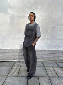 NEON BLANC Men's Street Fashion Knitted 2 In 1 Black & Grey Printed Round Neck T-Shirt - Black - View 2