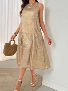 SHEIN LUNE Tunic Women Dresses Sequin Champagne Color Women's Long Dress With Pockets, Metallic Fabric - Champagne - View 1