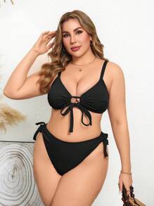 Swim Lushoire Plus Size Adjustable Strap Gathering Bikini Set For Casual Vacation For Summer - Black - View 3