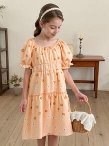 SHEIN Enchanting Girls Floral Print Puff Sleeve Ruched Waist Princess Dress, Party/Beach/Holiday Summer Outfit - Yellow - View 1