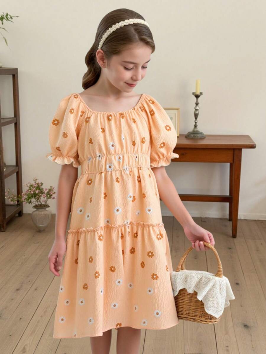 SHEIN Enchanting Girls Floral Print Puff Sleeve Ruched Waist Princess Dress, Party/Beach/Holiday Summer Outfit - Yellow - View 1