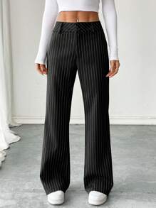 SHEIN PETITE Women's Striped Straight Loose Casual Pants, Versatile - Black - View 3