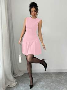 Elenzga 女士休闲无袖优雅纯色荷叶边下摆修身迷你连衣裙，适合生日、泡泡/圣诞派对、除夕、节日 - 黃色 - 查看 3