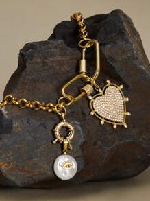 1 件心形吊坠项链，心形罗洛链项链，红色心形吊坠项链，金色多吊坠项链，情人节 - 金色 - 查看 3