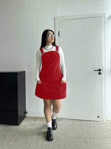 POPSWAY Plus Size Utility Pockets A-Line Pinafore Strap Dress