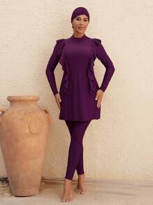 Swim Mulvari Women 3Pcs Modest Swimsuit Set: High Neck Long Sleeve Ruffled Hem Long Pants With Swimcap, Purple Clothes Burkinis Set - Purple - View 1
