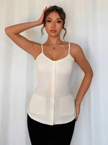 SHEIN Unity Casual Commuter Minimalist Solid Color Front Button Camisole - Apricot - View 3