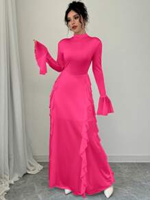 Firerie Women's Romantic Elegant High Neck Long Lantern Sleeve Ruffle Hem Dress - Pink - View 5
