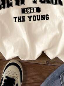 SHEIN Leap Crew Tween Girls' Casual Minimalist Round Neck Short Sleeve T-Shirt, Suitable For Spring & Summer