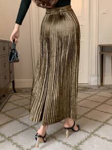 DAZY 女士金属色弹力腰长款褶皱A字裙 - 金色 - 查看 2