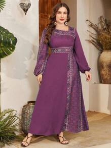 Al Najma Ropa de estilo árabe con diseño asimétrico estampado, de talla grande, recatado - Rojo violeta - Ver 1