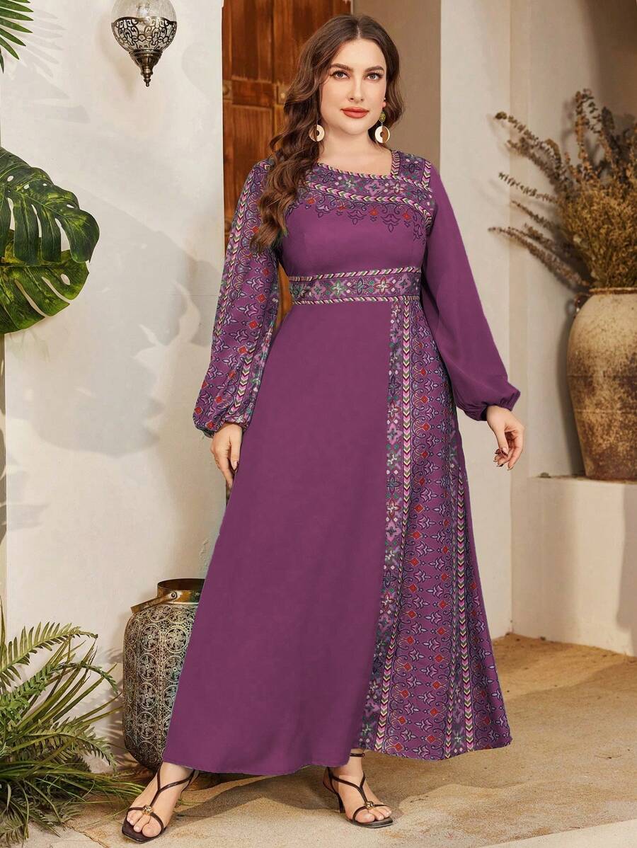 Al Najma Ropa de estilo árabe con diseño asimétrico estampado, de talla grande, recatado - Rojo violeta - Ver 1