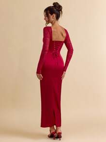 SHEIN BAE Robe de style princesse à l'épaule dégagée, à volants en dentelle florale, avec garniture florale sur la poitrine et style fluide, convenant pour la Saint-Valentin, les fêtes, les rendez-vous romantiques, les demoiselles d'honneur, le bal de promo, le port quotidien. Robe rose mini pour anniversaire - Rose bonbon - Voir 2