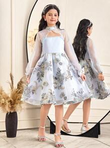 SHEIN 2pcs Set Tween Girls Elegant Jacquard Patchwork Stand Collar Slip Dress & Cover Up Outfit