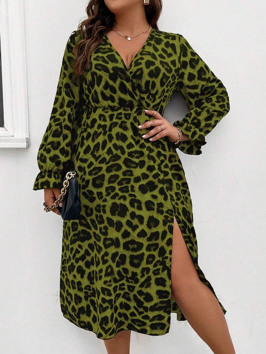 Celure Plus Size Women's Leopard Print Wrap Neckline Dress Maxi Women Outfit - Green - View 1