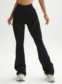 Easithlete 休闲高端复古豹纹网眼拼布紧身弹力修身运动/健身紧身裤，百搭修身优雅腰部塑身提臀，适合户外、瑜伽、日常穿着 - 黑色 - 查看 4