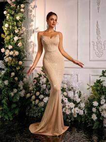 Glamrae 优雅闪亮杏色水钻点缀美人鱼风格长裙，适合正式晚会和庆典