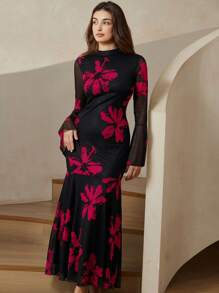 Aveloria Rosie Elegant French Style Floral Print Black Bodycon Dress With Flared Sleeves And Mesh Details Dresses For Women Elegant  All Over Print For Spring Fall - Hot Pink - View 3