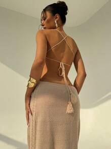 Aloruh Women's Sexy Criss-Cross Straps Backless Tassels Hollow-Out Fitted Maxi Sweater Dress Summer Crochet Dress - Khaki - View 2