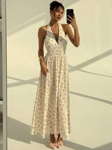 Aloruh Elegantes, sexy tiefes V-Ausschnitt-ärmlelloses, süß rosa Ditsy-Blumen A-Linien Kleid mit fließendem Saum in Midi-Länge, geeignet für Urlaub und Teegesellschaft