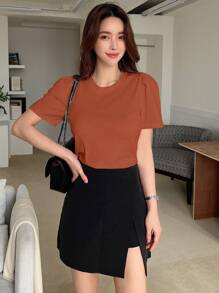 DAZY 女款純色泡泡袖短袖T恤短版上衣，女學生校園風 - 棕色 - 查看 3