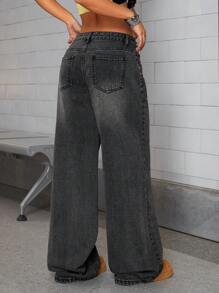 SHEIN ICON Casual Woman's American Street Style Loose Fit Wide Leg Pocket Jeans - Black - View 2