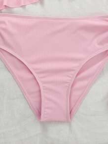 SHEIN Conjunto de vacaciones para adolescentes con traje de baño de estilo casual de moda para playa, hecho de tela texturizada rosa con lazo, para fiesta en piscina - Rosa - Ver 6