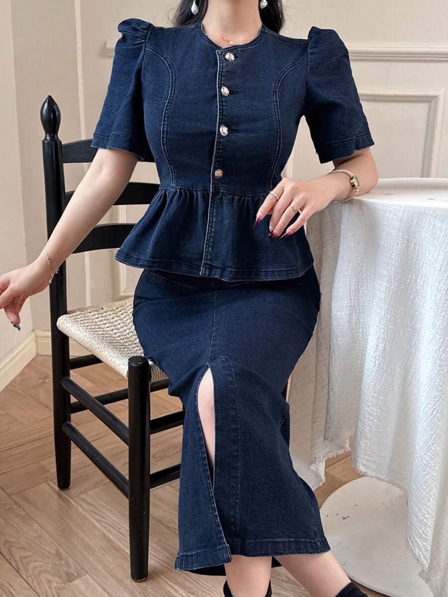 DAZY Women's Washed Denim Shirt & Denim Skirt Suit - Medium Wash - View 1