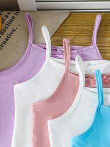 SHEIN Genkimix Kids 5 件/包年轻女孩牛奶丝简约吊带背心上衣带蝴蝶结，休闲舒适针织内衣，适合日常穿着 - 彩色 - 查看 3