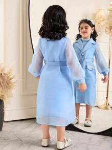 SHEIN 2pcs/Set Young Girl Elegant Lapel Collar Long Sleeve Belted Jacket & Sleeveless Dress Set - Blue - View 2