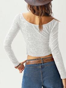 Bohemela Áo thun nữ cổ tròn tay dài dệt kim màu trơn đơn giản bó sát crop top - trắng - Xem 5
