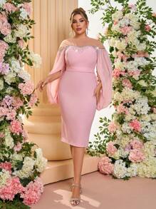 SHEIN Belle Plus Size Elegant Pink Asymmetrical Draped Sleeve Tassel Trim Sheer Neck Fitted Midi Party Dress, Wedding Guest Dress, For Cocktail - Pink - View 5