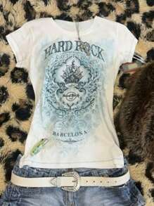 INAWLY Solva Women's Letter & Floral Print Round Neck Short Sleeve Casual T-Shirt - White - View 1