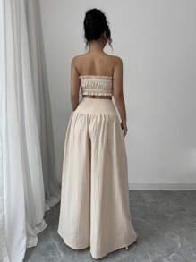 Elenzga Women's Vacation Outfit Set: Soft Cotton Apricot Cropped Tube Top + Loose Wide-Leg Long Pants - Apricot - View 2