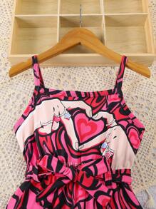 Mono informal de verano para niñas pequeñas de 4 a 7 años, estampado con corazones graffiti, de cintura estrecha y pierna corta