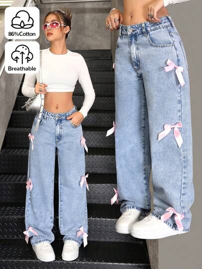 SHEIN Teen Girls Y2K Fashion Stonewashed Baggy Denim Straight Leg Jeans Pants With Bowknot Decorated Pockets, Girls Fall Clothes Back To School Outfits
